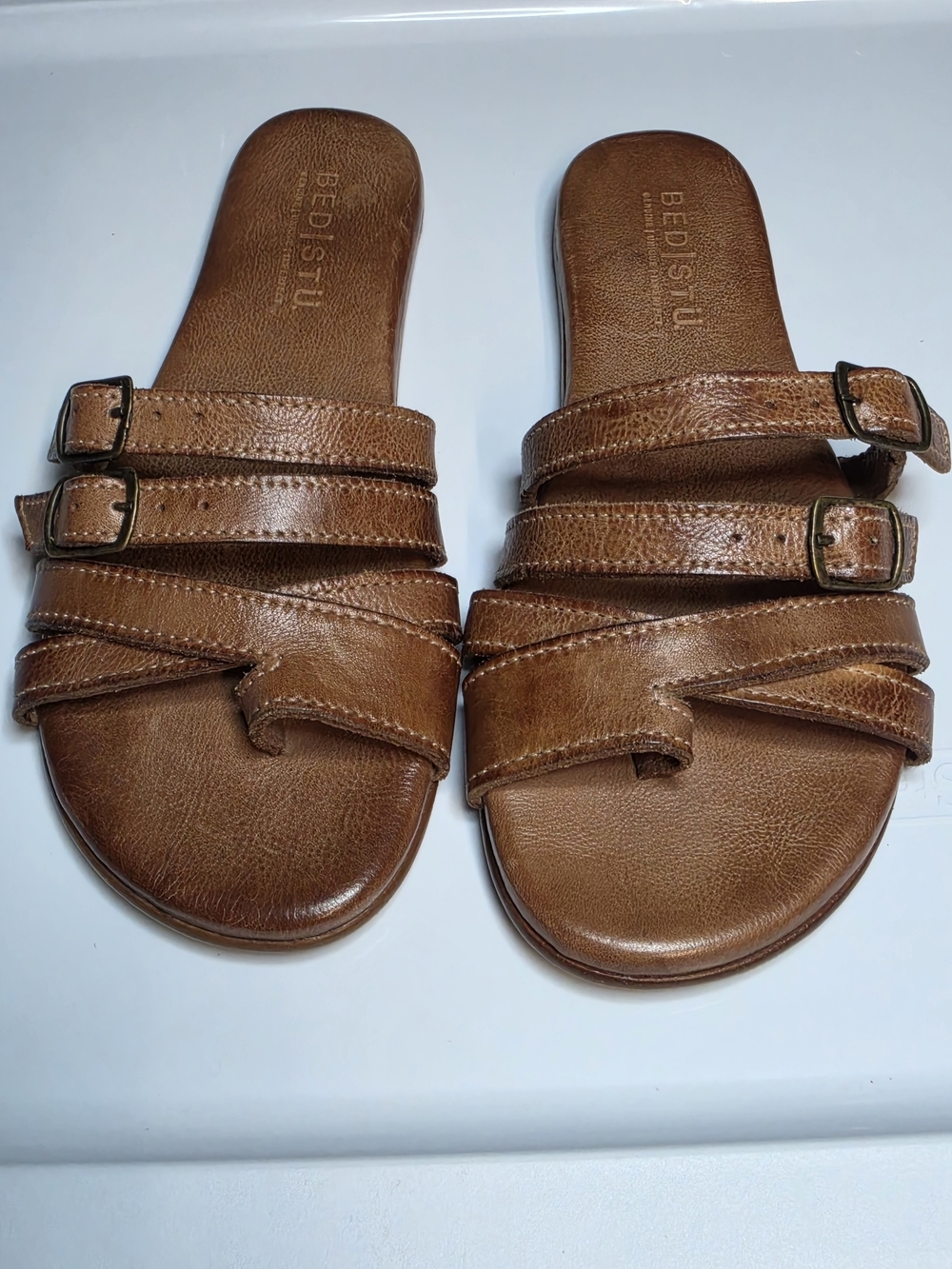 BED|STU Brown Leather Buckle Slide Sandals